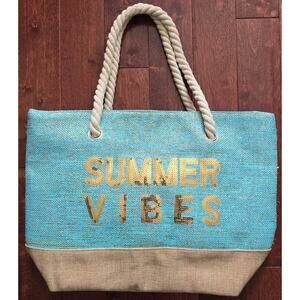 Beach Bag Summer Vibes Metallic Turquois Canvas Tote Sequin Vacation